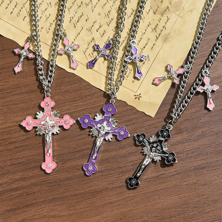 Classic Style Colorful Crafted Triple Crucifix Pendant Chain Necklace