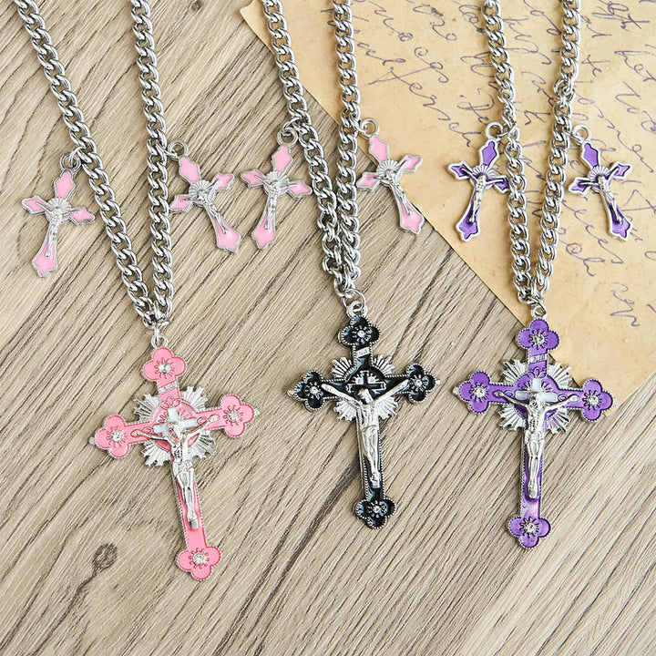 Classic Style Colorful Crafted Triple Crucifix Pendant Chain Necklace