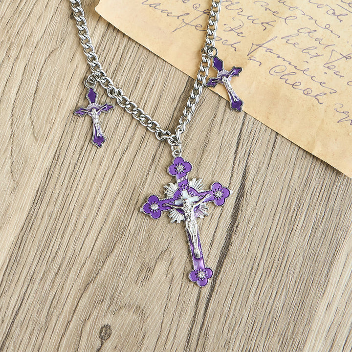 Classic Style Colorful Crafted Triple Crucifix Pendant Chain Necklace