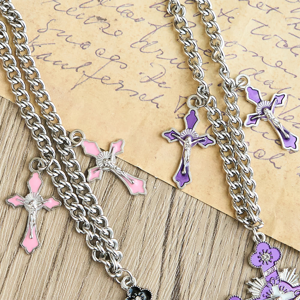 Classic Style Colorful Crafted Triple Crucifix Pendant Chain Necklace