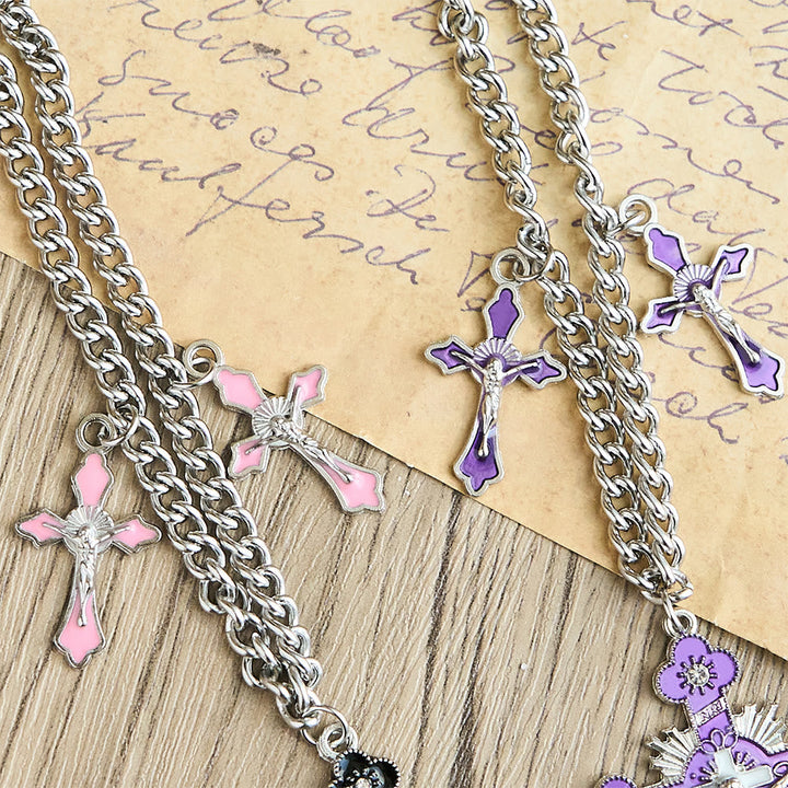 Classic Style Colorful Crafted Triple Crucifix Pendant Chain Necklace