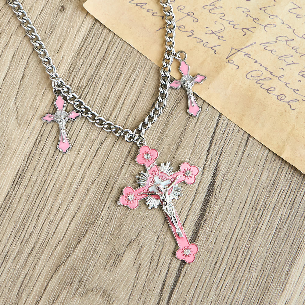 Classic Style Colorful Crafted Triple Crucifix Pendant Chain Necklace
