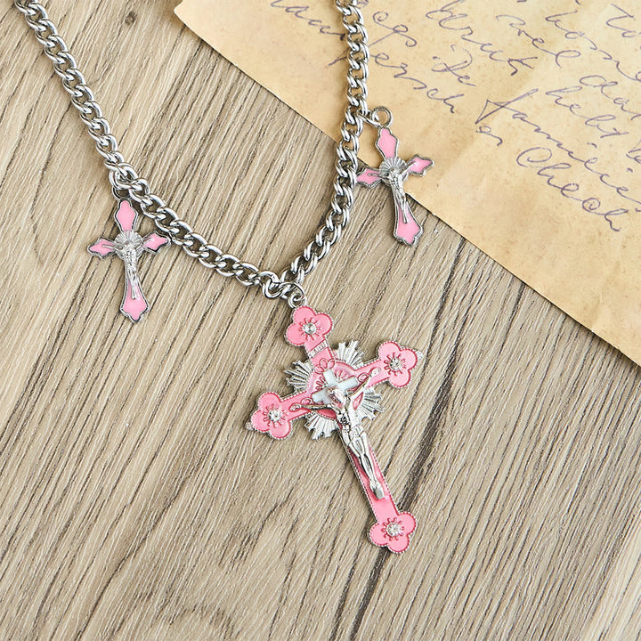 Classic Style Colorful Crafted Triple Crucifix Pendant Chain Necklace