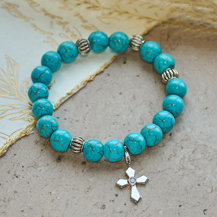 Hand-Crafted Turquoise Beaded Cross Pendant Bracelet