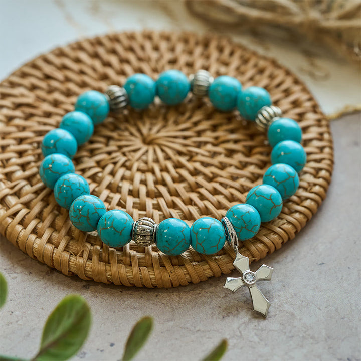 Hand-Crafted Turquoise Beaded Cross Pendant Bracelet