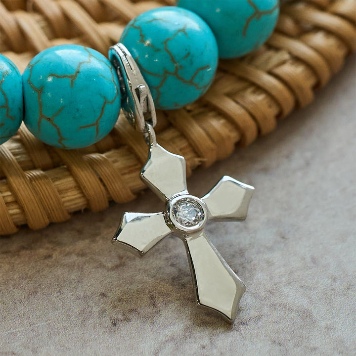 Hand-Crafted Turquoise Beaded Cross Pendant Bracelet
