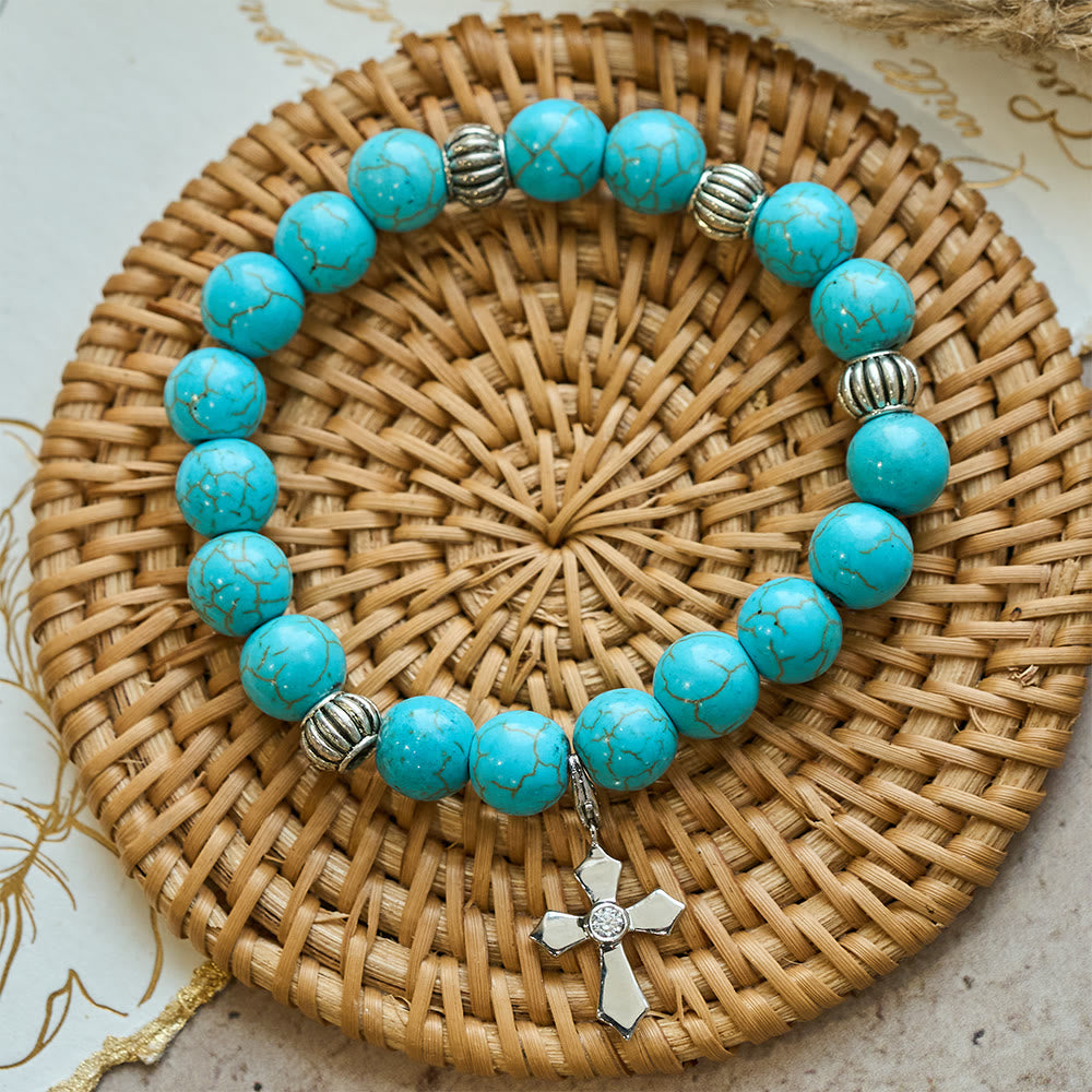 Hand-Crafted Turquoise Beaded Cross Pendant Bracelet