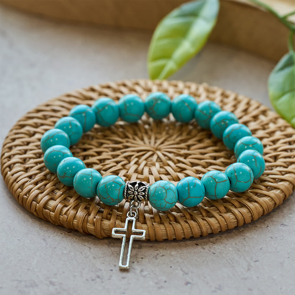 10mm Turquoise Beads Christian Cross Bracelet