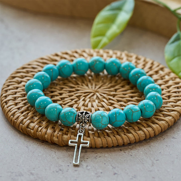 10mm Turquoise Beads Christian Cross Bracelet
