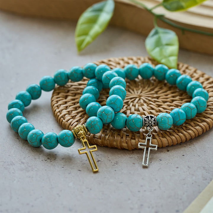 10mm Turquoise Beads Christian Cross Bracelet