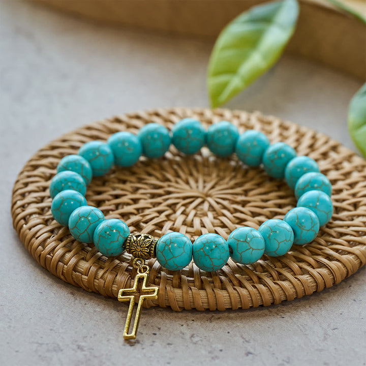 10mm Turquoise Beads Christian Cross Bracelet