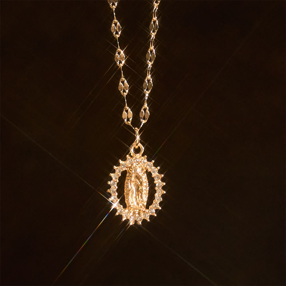 Oval Our Lady Necklace with Encircled Cubic Zirconia: Embody Her Tender Grace