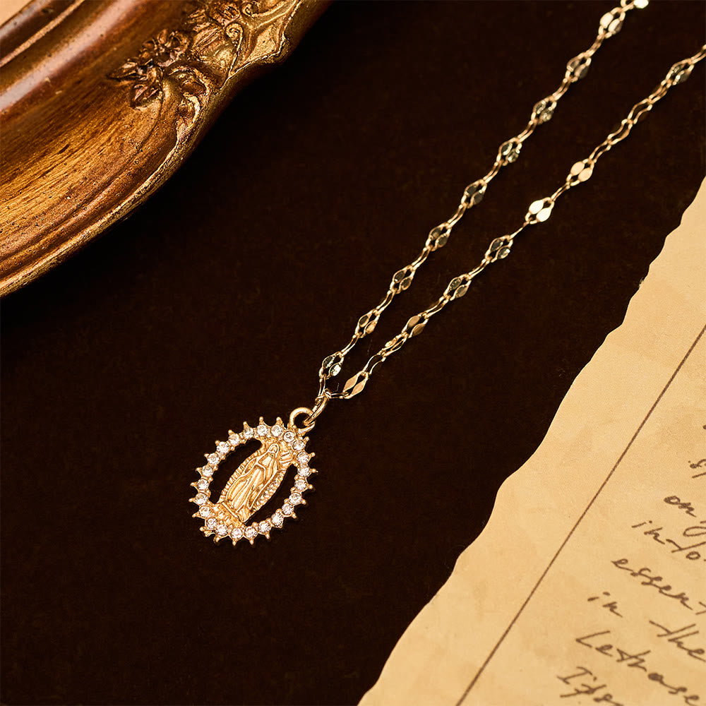 Oval Our Lady Necklace with Encircled Cubic Zirconia: Embody Her Tender Grace