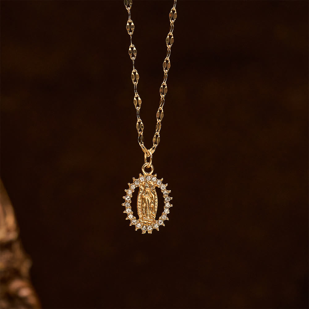 Oval Our Lady Necklace with Encircled Cubic Zirconia: Embody Her Tender Grace