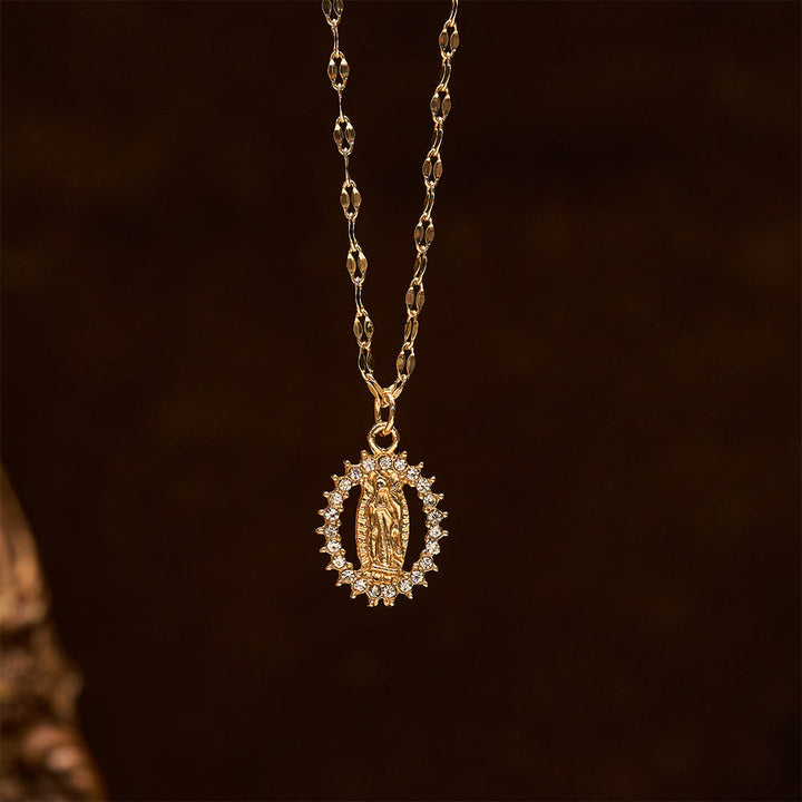 Oval Our Lady Necklace with Encircled Cubic Zirconia: Embody Her Tender Grace