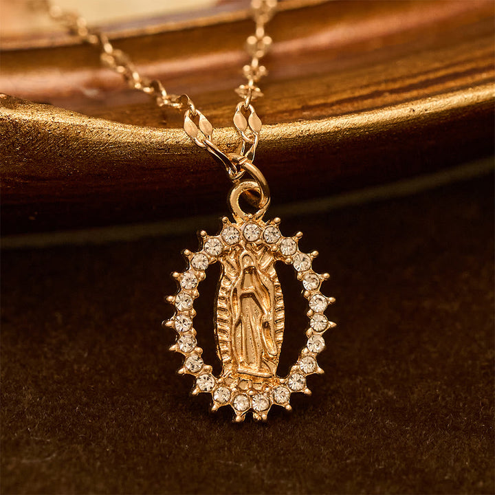 Oval Our Lady Necklace with Encircled Cubic Zirconia: Embody Her Tender Grace