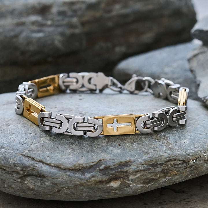 Tri - Color Cross - Embedded Chain Necklace & Bracelet: Bold Faith Statement