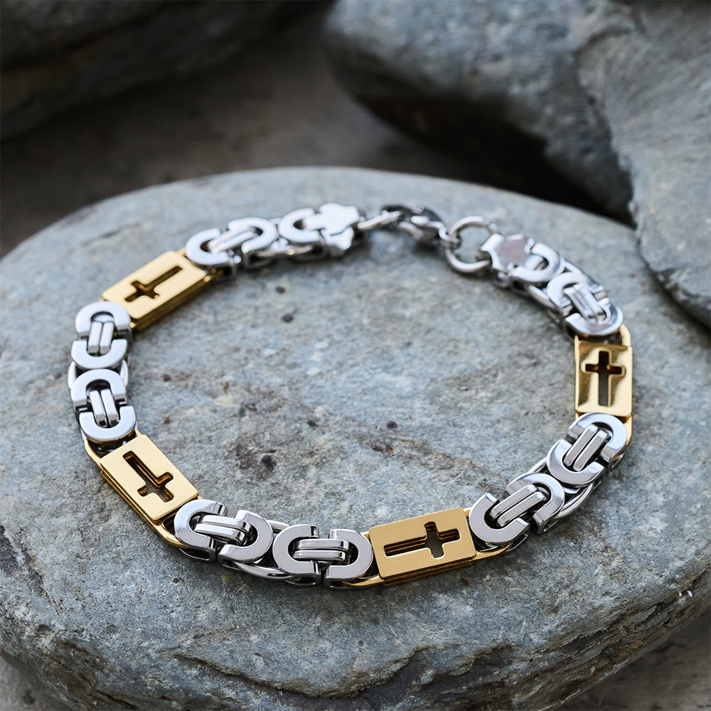 Tri - Color Cross - Embedded Chain Necklace & Bracelet: Bold Faith Statement