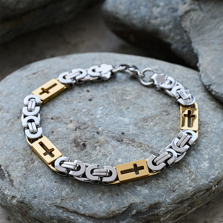 Tri - Color Cross - Embedded Chain Necklace & Bracelet: Bold Faith Statement