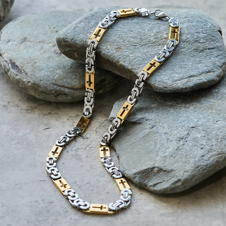 Tri - Color Cross - Embedded Chain Necklace & Bracelet: Bold Faith Statement