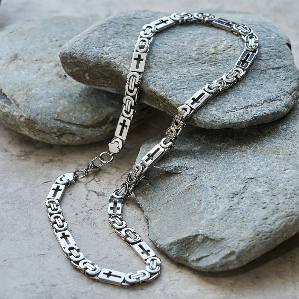 Tri - Color Cross - Embedded Chain Necklace & Bracelet: Bold Faith Statement