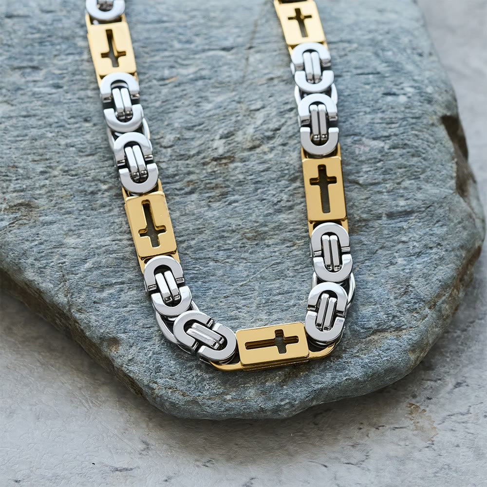 Tri - Color Cross - Embedded Chain Necklace & Bracelet: Bold Faith Statement