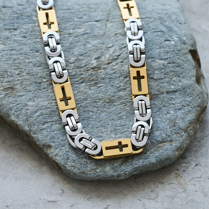 Tri - Color Cross - Embedded Chain Necklace & Bracelet: Bold Faith Statement