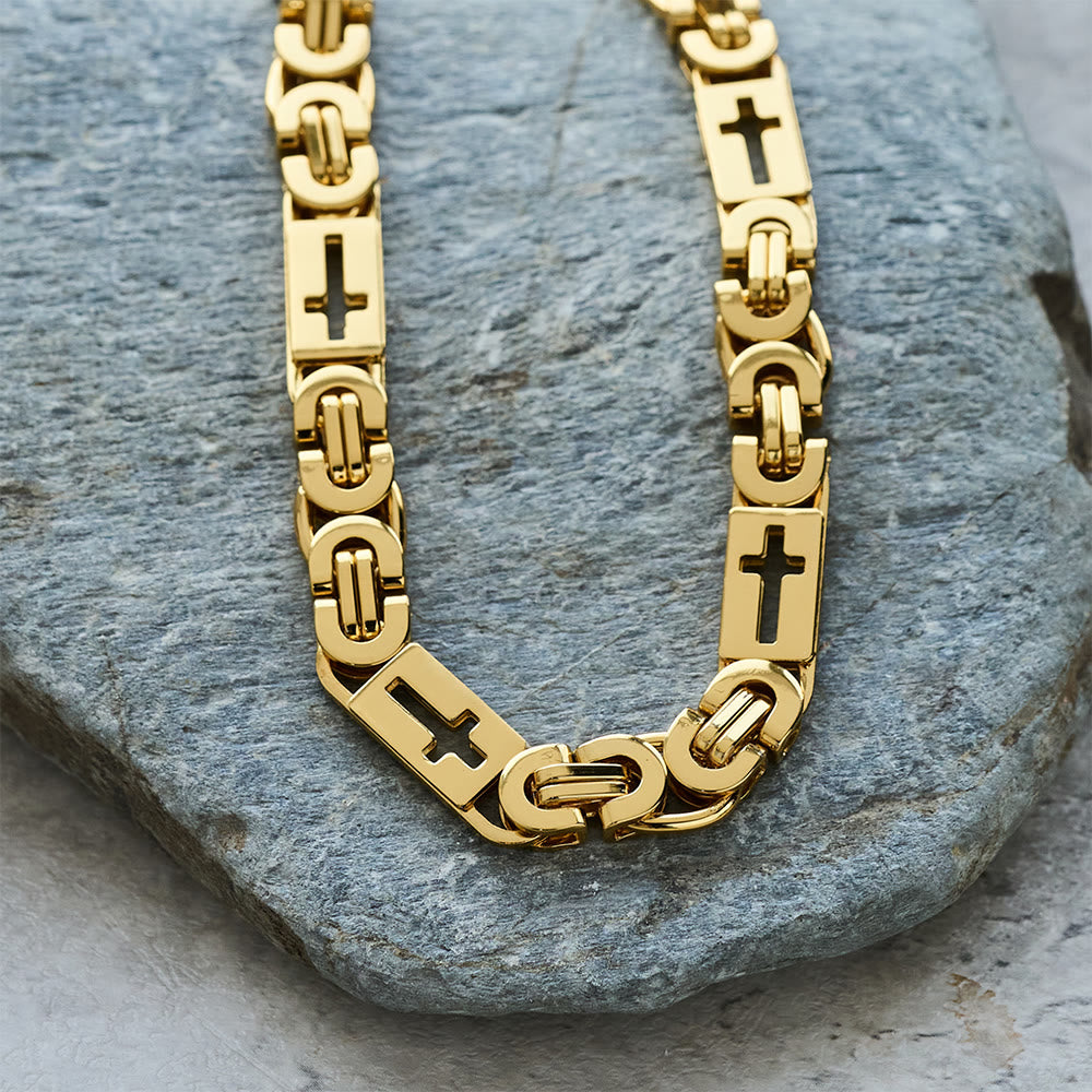 Tri - Color Cross - Embedded Chain Necklace & Bracelet: Bold Faith Statement