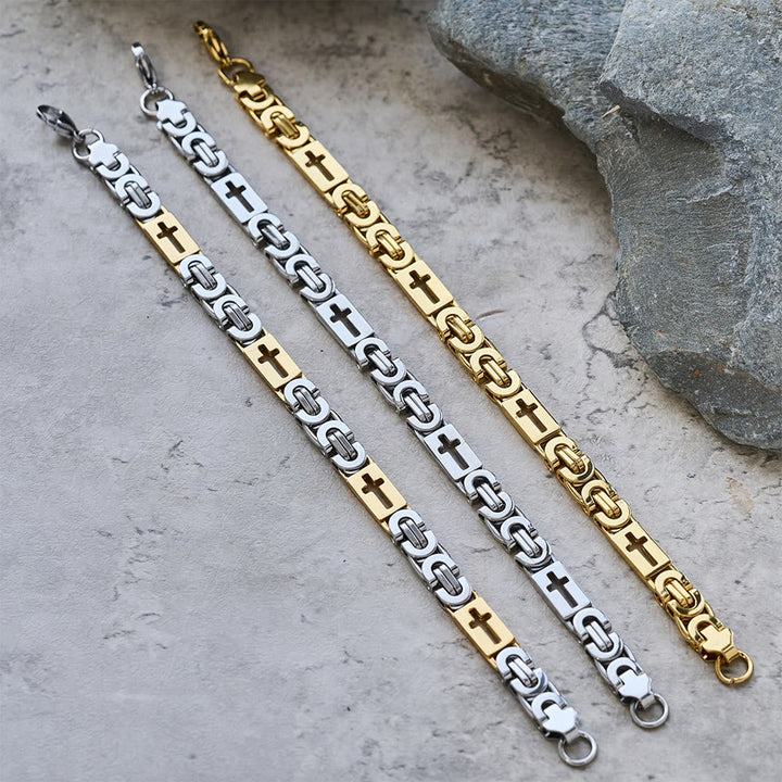 Tri - Color Cross - Embedded Chain Necklace & Bracelet: Bold Faith Statement