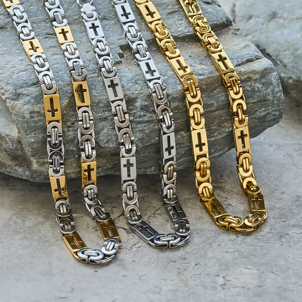 Tri - Color Cross - Embedded Chain Necklace & Bracelet: Bold Faith Statement