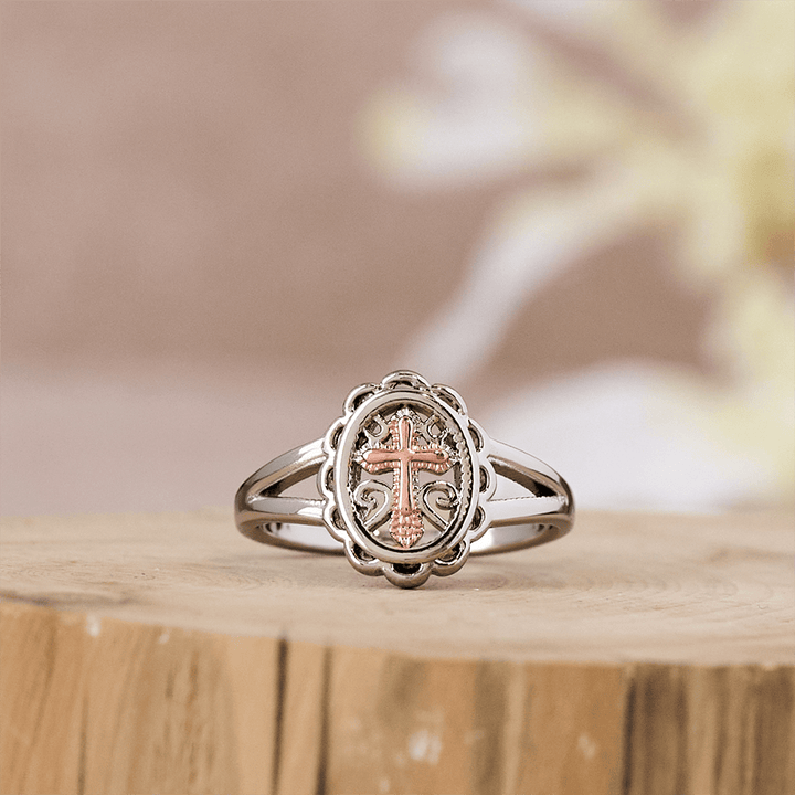Dual - Tone Cross Ring: Silver & Rose Gold Filigree Faith Jewelry