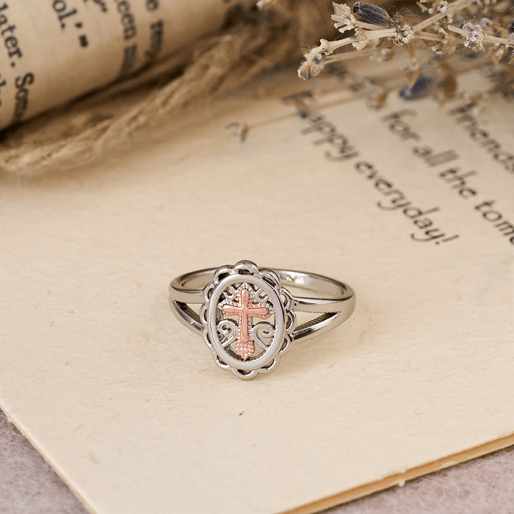 Dual - Tone Cross Ring: Silver & Rose Gold Filigree Faith Jewelry