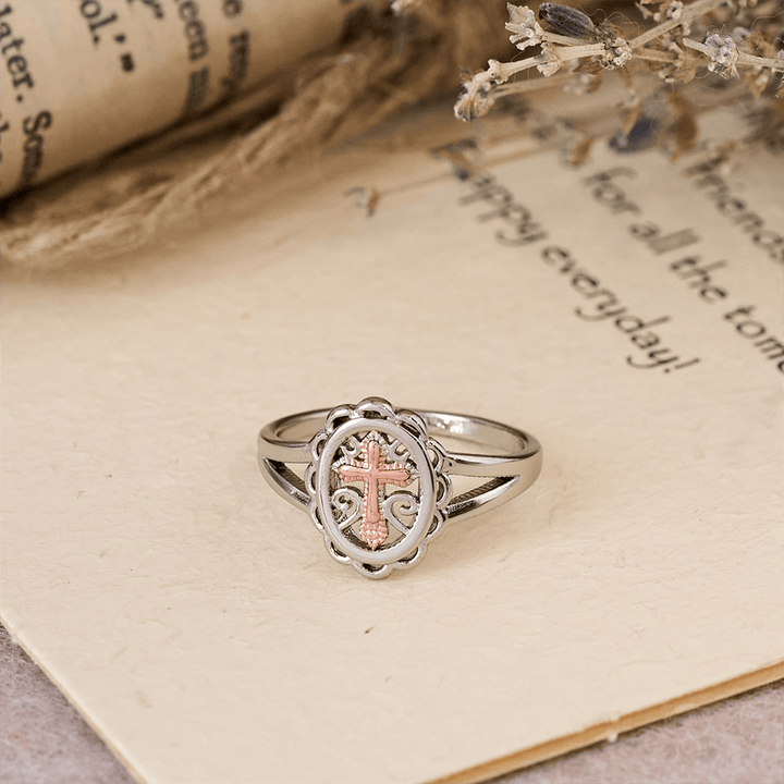 Dual - Tone Cross Ring: Silver & Rose Gold Filigree Faith Jewelry