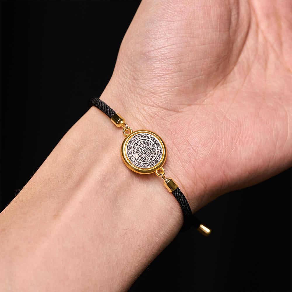 St. Benedict Medal Black Rope Cord Adjustable Bracelet