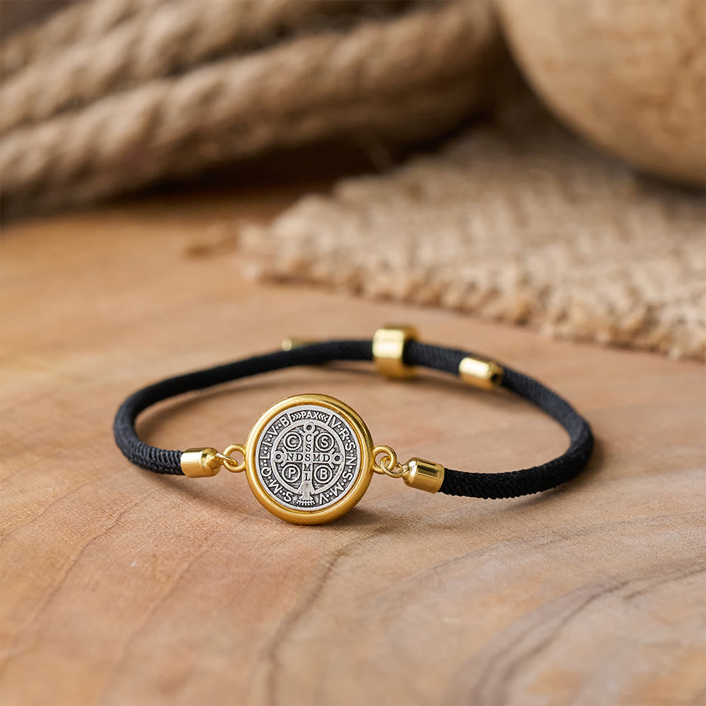 St. Benedict Medal Black Rope Cord Adjustable Bracelet