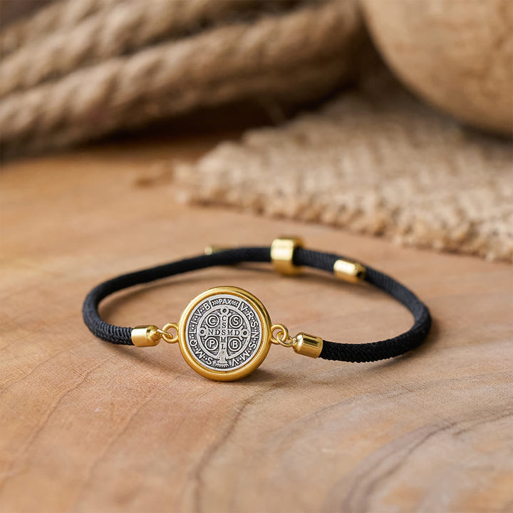 St. Benedict Medal Black Rope Cord Adjustable Bracelet