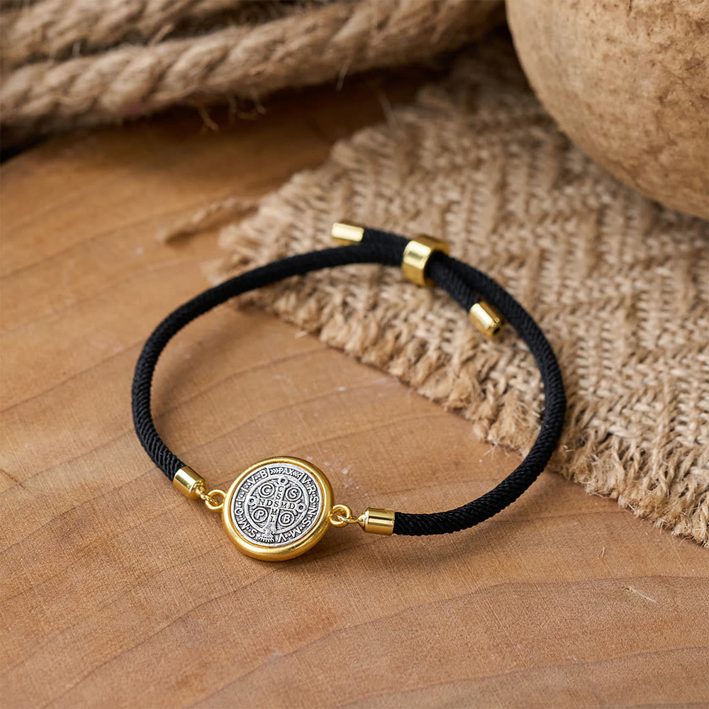 St. Benedict Medal Black Rope Cord Adjustable Bracelet