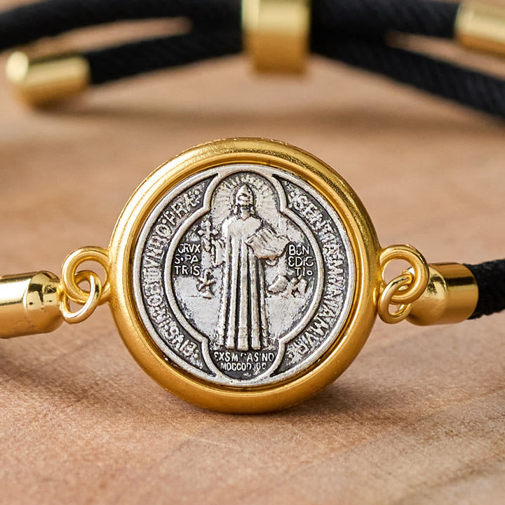 St. Benedict Medal Black Rope Cord Adjustable Bracelet
