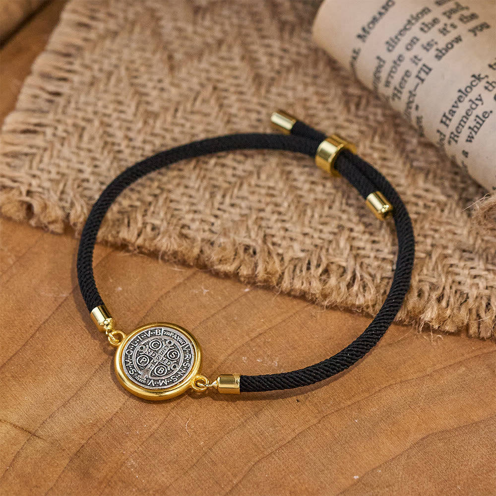 St. Benedict Medal Black Rope Cord Adjustable Bracelet