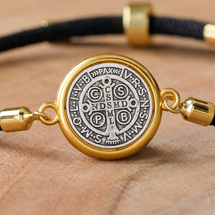 St. Benedict Medal Black Rope Cord Adjustable Bracelet