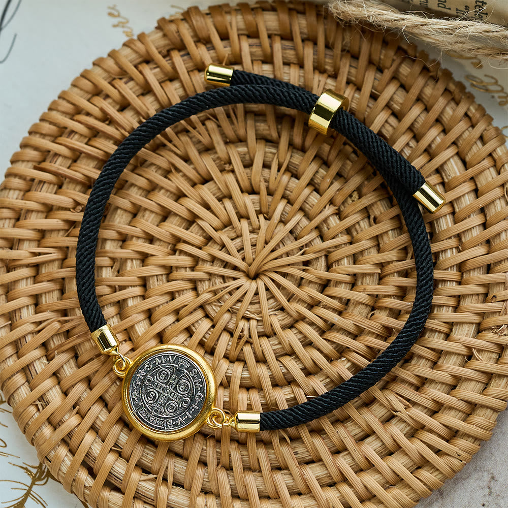 St. Benedict Medal Black Rope Cord Adjustable Bracelet