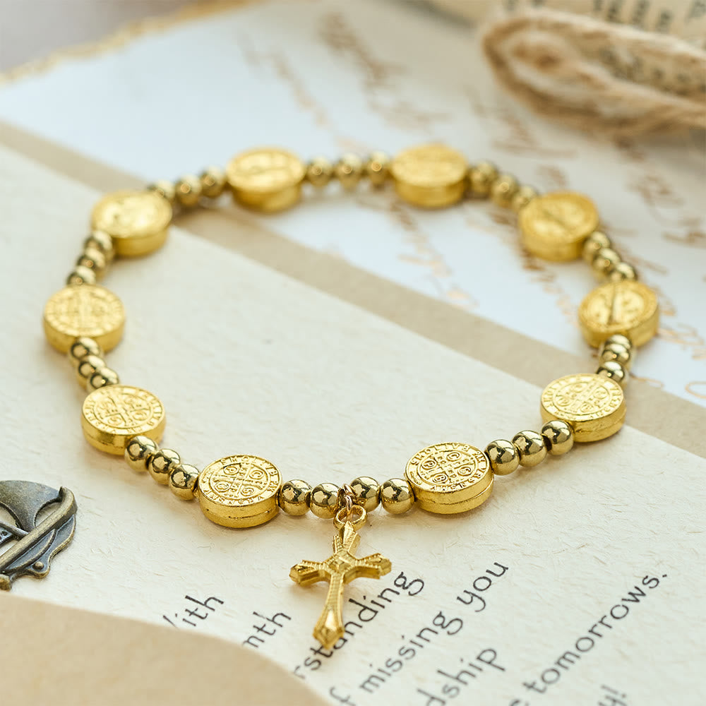 Gold-tone St. Benedict Cross Stretch Bracelet