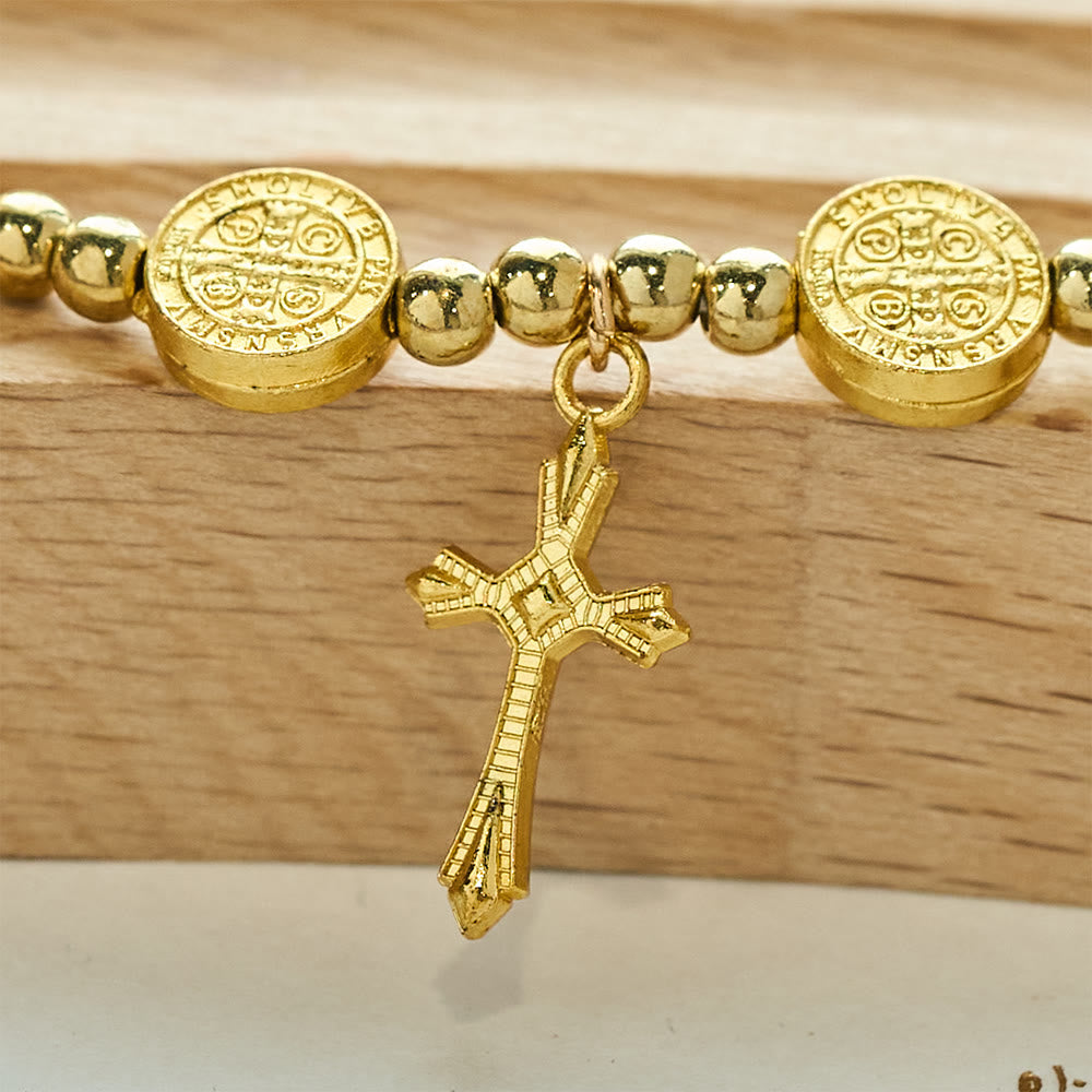 Gold-tone St. Benedict Cross Stretch Bracelet