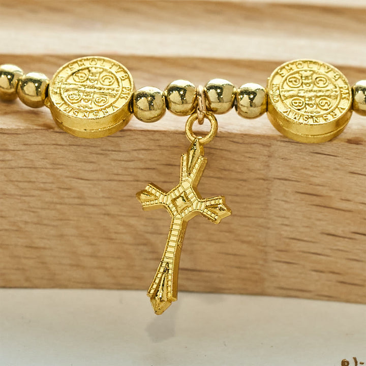 Gold-tone St. Benedict Cross Stretch Bracelet
