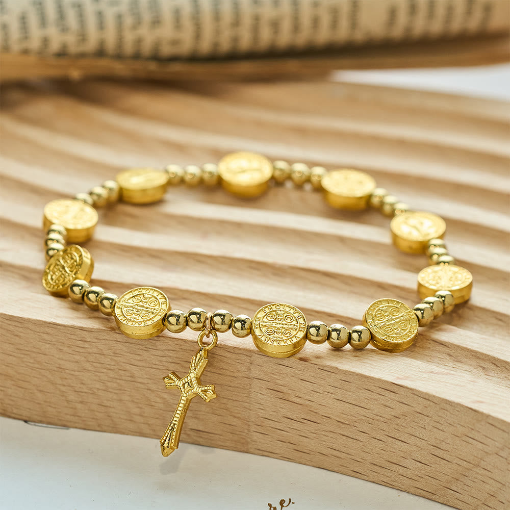 Gold-tone St. Benedict Cross Stretch Bracelet