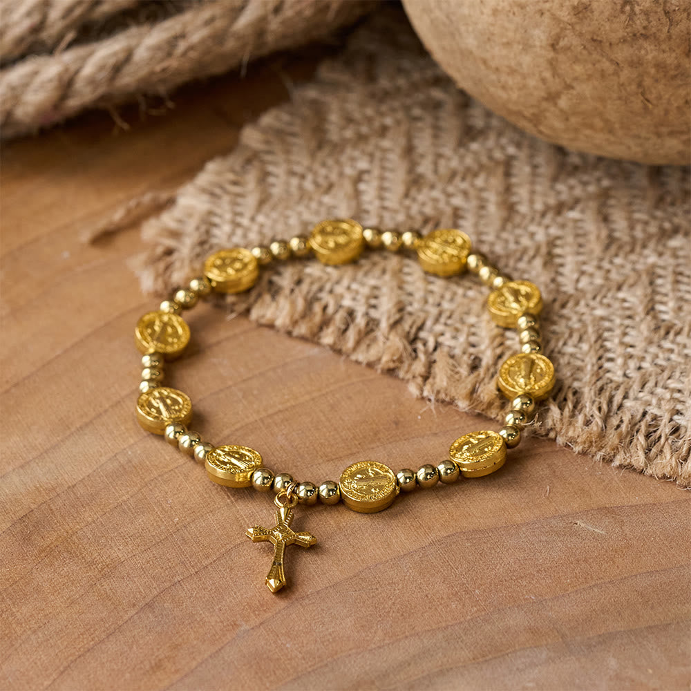 Gold-tone St. Benedict Cross Stretch Bracelet