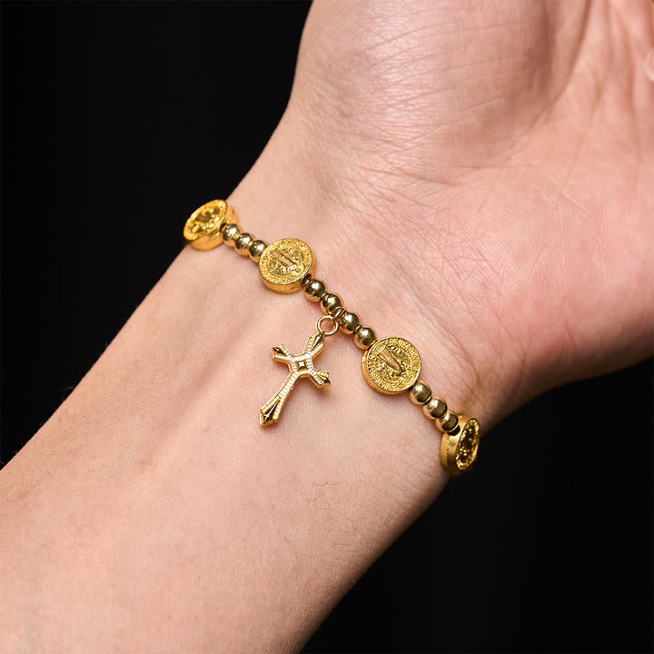 Gold-tone St. Benedict Cross Stretch Bracelet