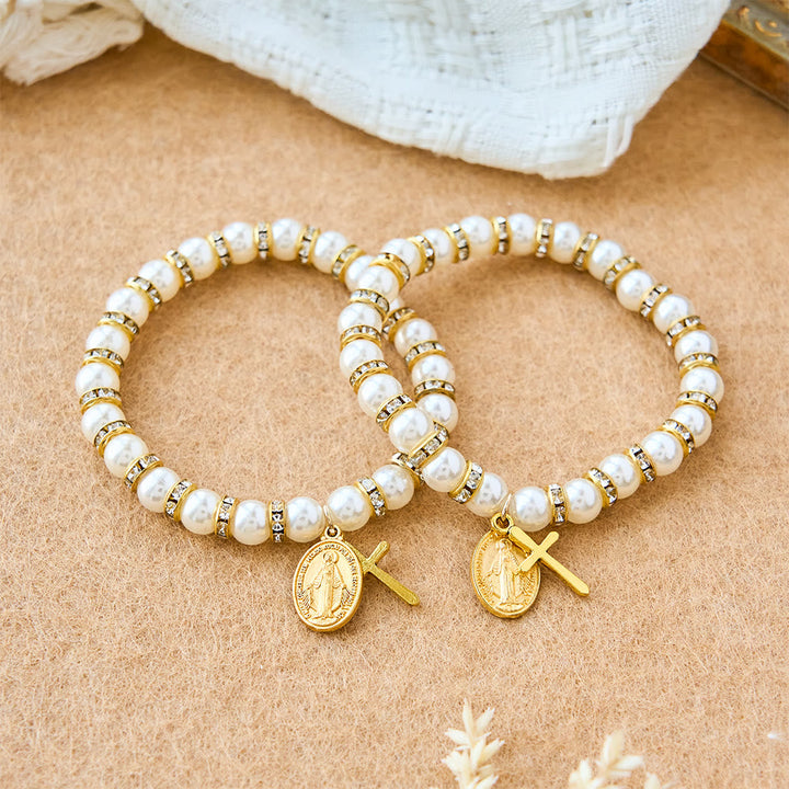 Modern Pearl Bracelet with Golden Miraculous Medal & Blessing Card: Opulent Communion