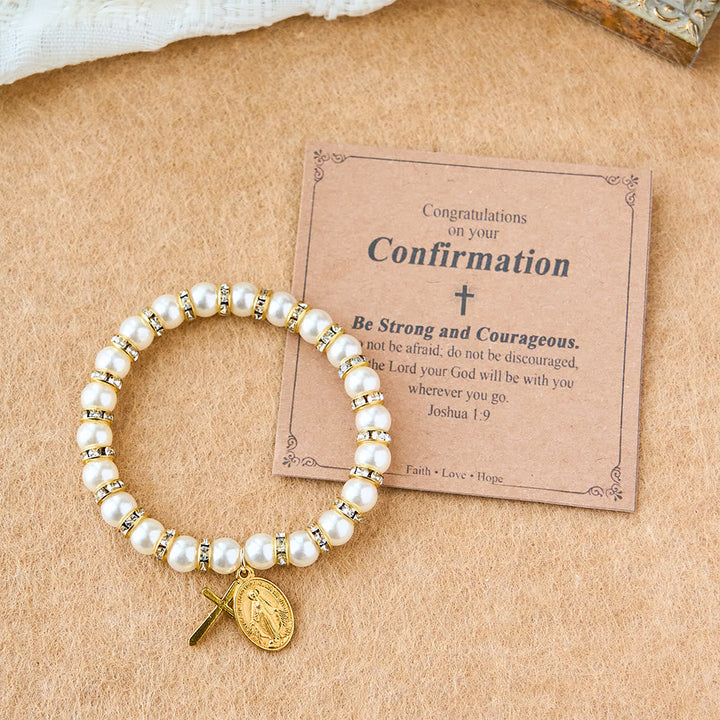 Modern Pearl Bracelet with Golden Miraculous Medal & Blessing Card: Opulent Communion