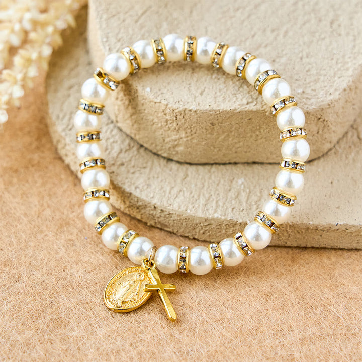 Modern Pearl Bracelet with Golden Miraculous Medal & Blessing Card: Opulent Communion